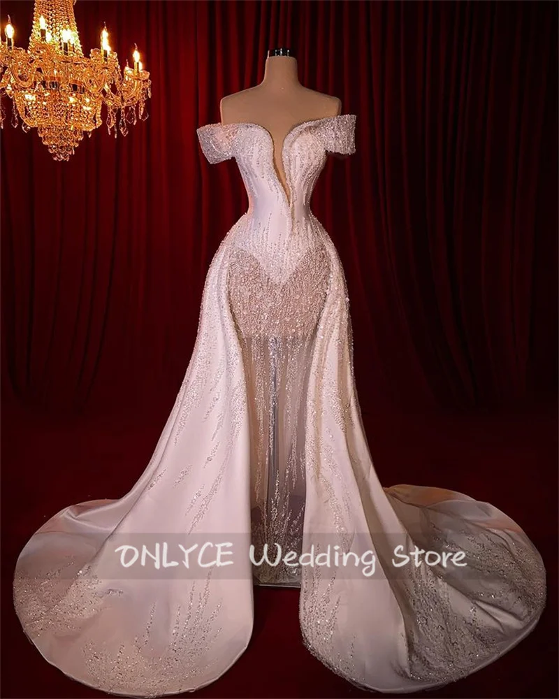 'Elegant Mermaid Wedding Dresses 2024  Off The Shoulder Crystals Beaded Long Custom-Made Robe De Mariee Bridal Gowns