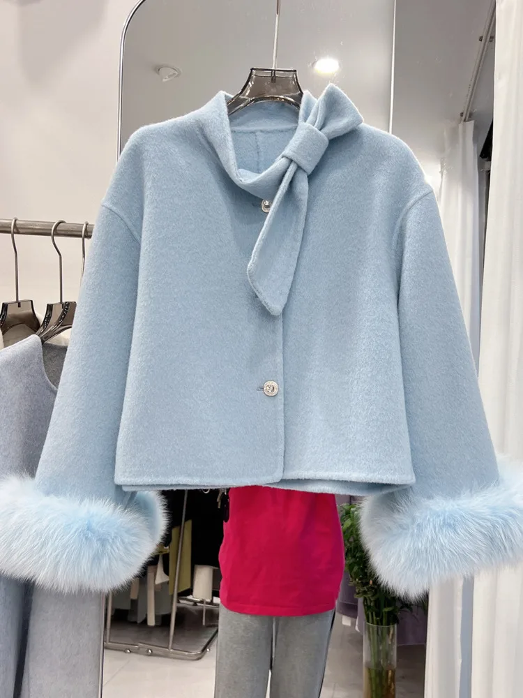 ZMEENNA Damen-Kurzmantel aus elfenbeinfarbener Wollmischung, abnehmbarer Krawatten-Schal, Kunstpelz-Manschette, einreihige Winterjacke, elegant, ZM4404