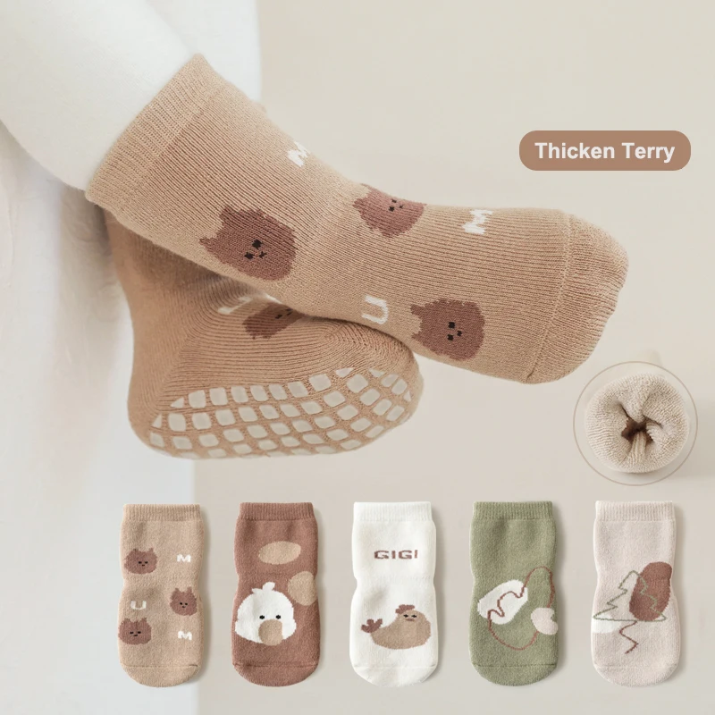 5 Pairs/Lot Winter Baby Cushion Socks Cartoon Animals Toddler Non-Slip Warm Thickened Terry Socks Unisex Kids 0-5T  Floor Socks