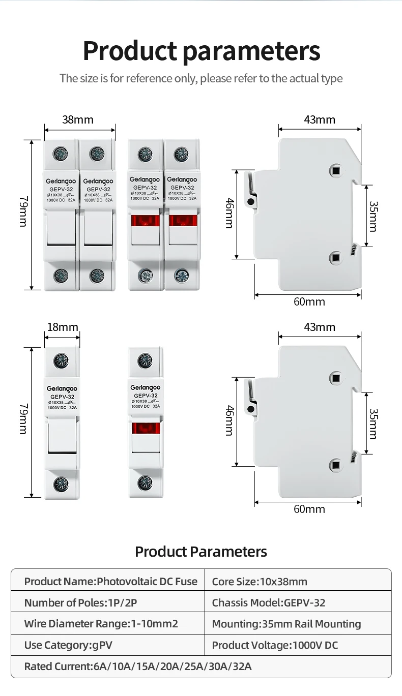 1P 2P DC-Sicherungshalter 10*38mm Hochspannungs-Solar-PV 1000V GEPV-32 Basis Photovoltaik-System-Schutzschalter GPV – Detail 6