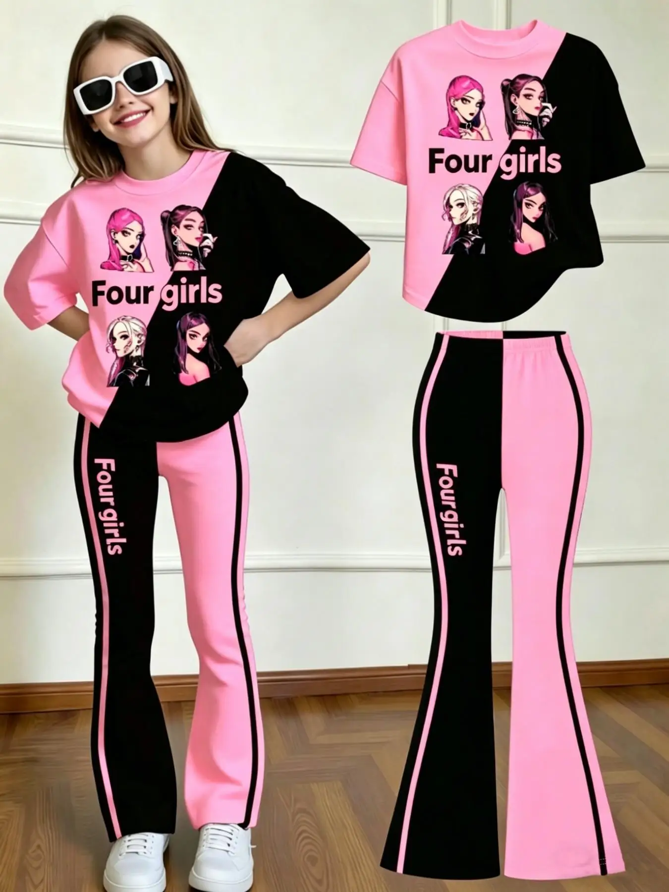 Sommer-Freizeitoutfit für Mädchen, bedrucktes Kurzarm-Set für Kinder, zweiteiliges Set mit schwarzem und rosa Patchwork-T-Shirt + ausgestellter Hose, trendige, vielseitige Kleidung mit Cartoon-Print, geeignet für Mädchen ab 3 Jahren – Detail 1