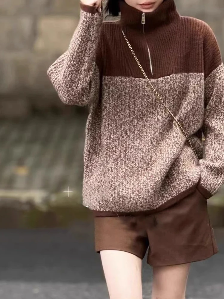 

Loose Fit Zipper Design Camere Sweater Long Sve Overhead Knitted Top Women High Collar Color Blo Sle Korean Version