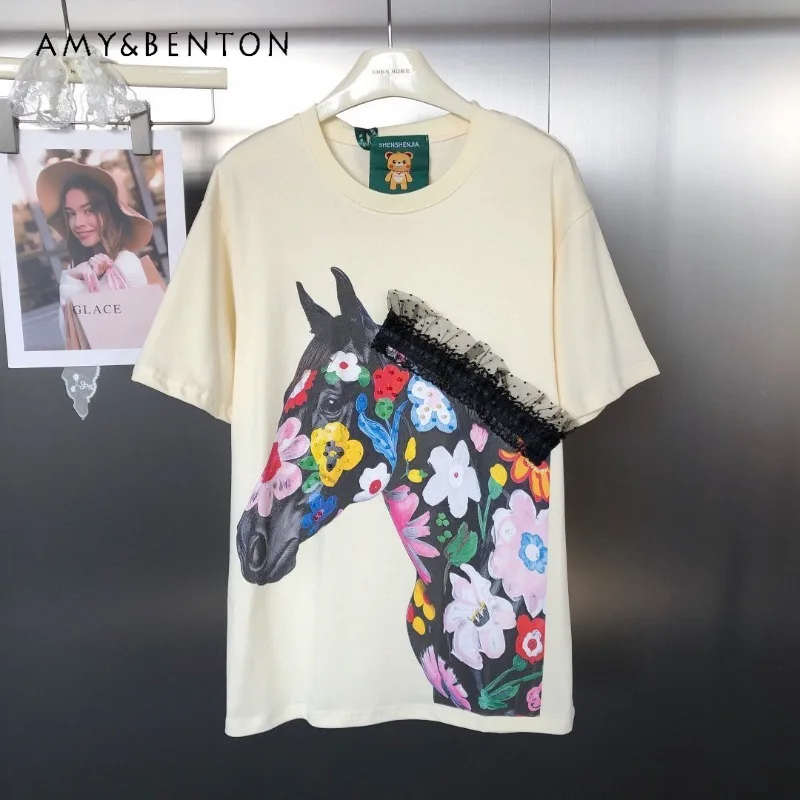 

2026 Summer American Style Heavy Hand Sewing Beaded Flower Horse Print T-shirts Loose Round Neck Short Sleeved Pullover Y2k Tees