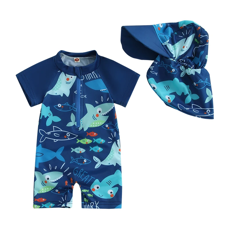 Toddler Boys Rash Guard Swimsuit Playsuits Shark Print Zipper Short Sleeve Sun Protection Bathing Suit with Swim Cap