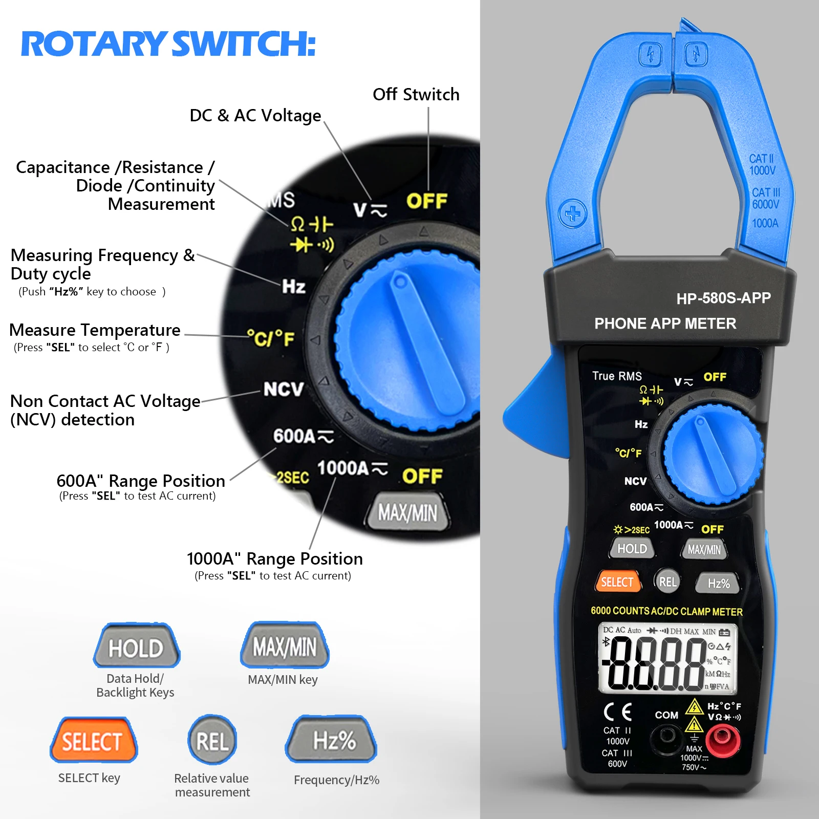 Pinza amperometrica HOLDPEAK HP-580S-APP 6000 conteggi con APP per telefono Valore effettivo a vero valore efficace, retroilluminazione LCD AC DC Tester, NCV