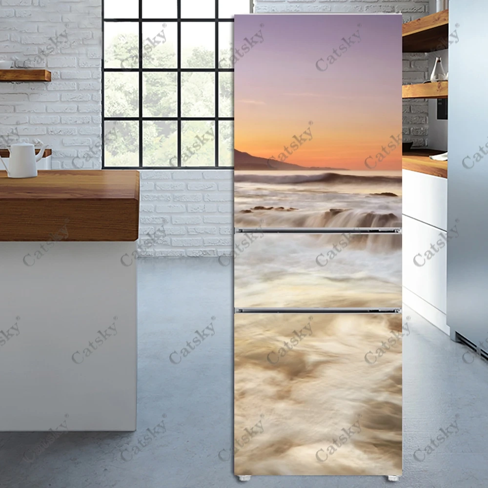 Surging Waves Scenery Family Fridge Door Print Cover Wall Sticker Self-adhesive Refrigerator Stickers Wallpaper Home Decoration