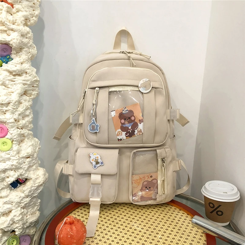 Mochila bonita para estudiantes, bolso escolar japonés Harajuku con múltiples bolsillos y colgante