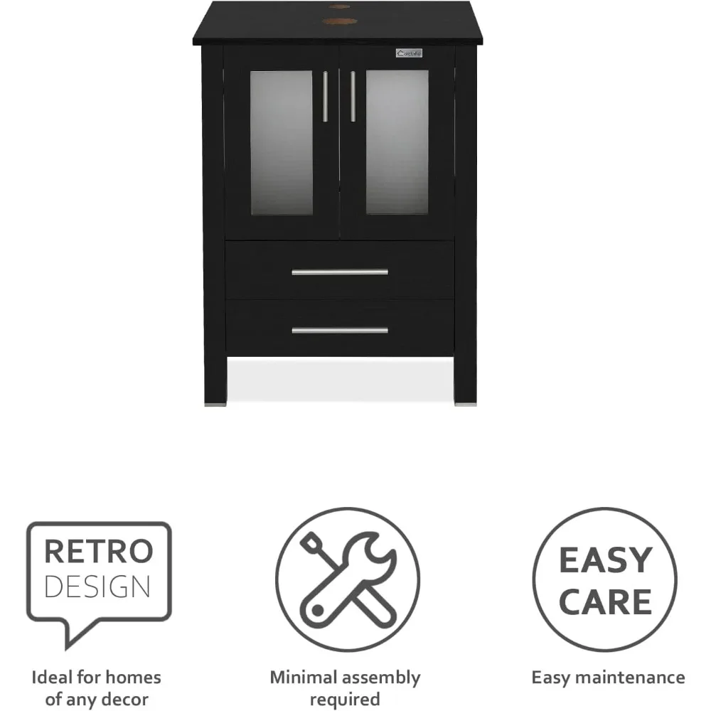 Évier moderne HOVanity ChlorBlack, armoire sur pied, bateau blanc, navire en céramique, économie d'eau, vidange pop-up, 24"