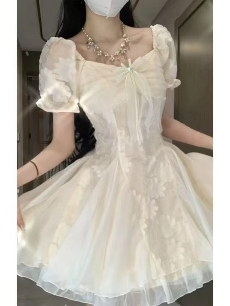 Summer French Sweet Pure Style First Puff Sleeve Lace Trim White Dress Women Slim Fit Waist A-Line Short Dress Elegant Clothes