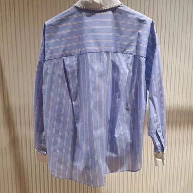 

Женская синяя полосатая рубашка с жемчужным декором, элегантный топ с длинными рукавами и лацканами