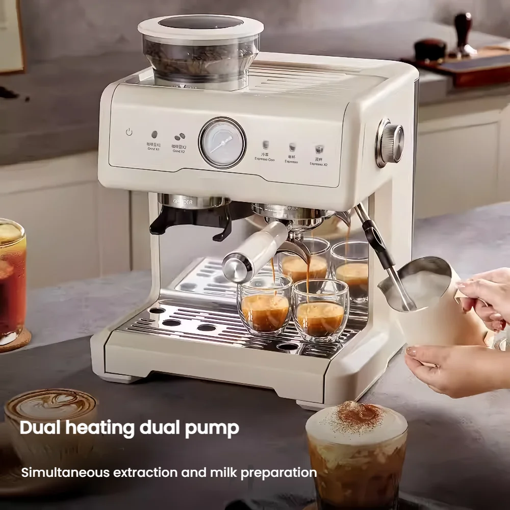 All-in-One Stainless Steel Espresso Coffee Machine Grinder Dual Boiler Dual Pump 20 Bar Pressure Semi-Automatic Energy Saving