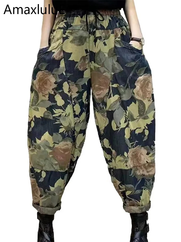 

Amax luluE 2025 Korean Summer Womens Fashion Loose Printed Denim Pants Vintage Casual Harem Trousers Ladies Classic Floral Jeans