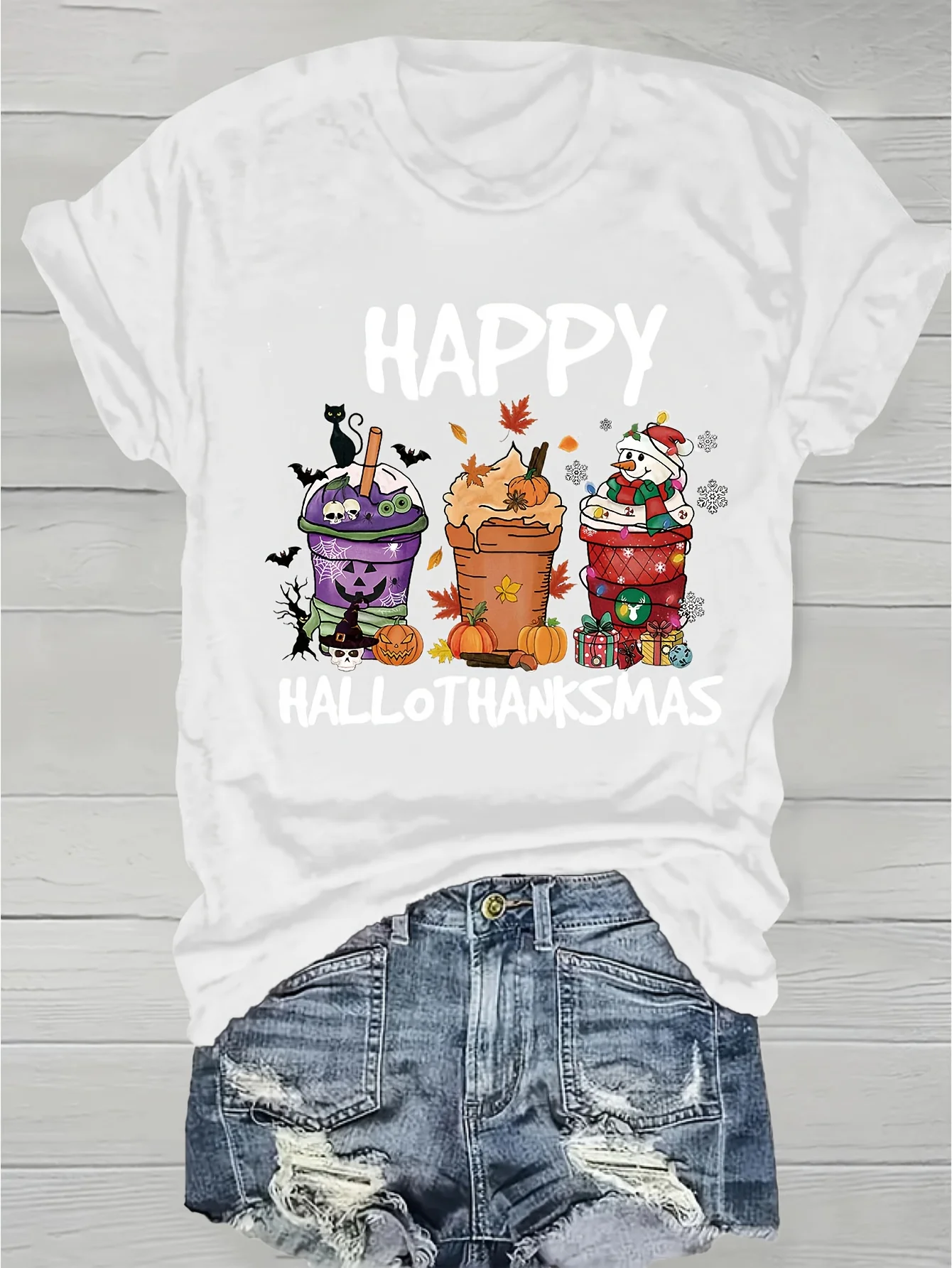 

Women's Halloween & Christmas Graphic T-Shirt - Happy Hallowanks Party Tee Casual Crew Neck Top Orange Holiday Shirt