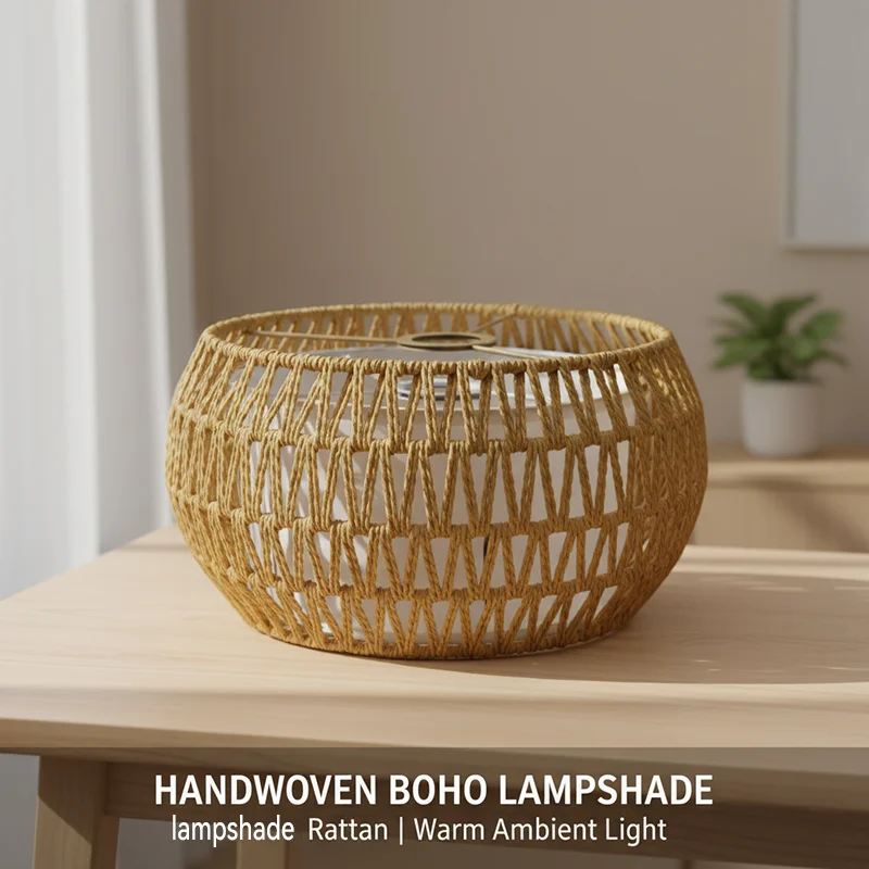 Bohemian Handmade Hollow Woven Natural Paper Rope Drum Shade Lamp Diffused Warm Light for Living Bedroom Farmhouse Lighting