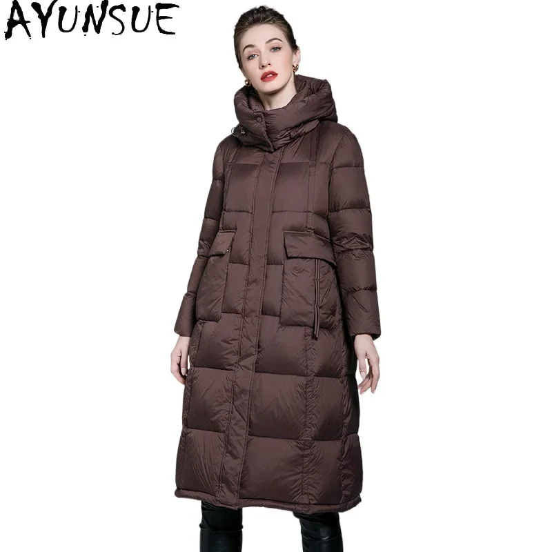 AYUNSUE White Duck Down Puffer Jacket Women Hooded Long Down Coats New Warm Outerwears Winter Loose Fit Clothes Пуховики 2024