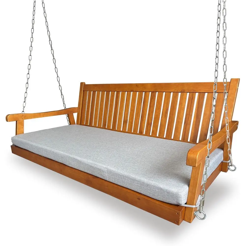

6 T Wooden Porch Swing Bed with Thick Cushion – Outdoor Hanging Daybed or Patio or Porch, Solid ir Wood e, Weather-Resistant, He