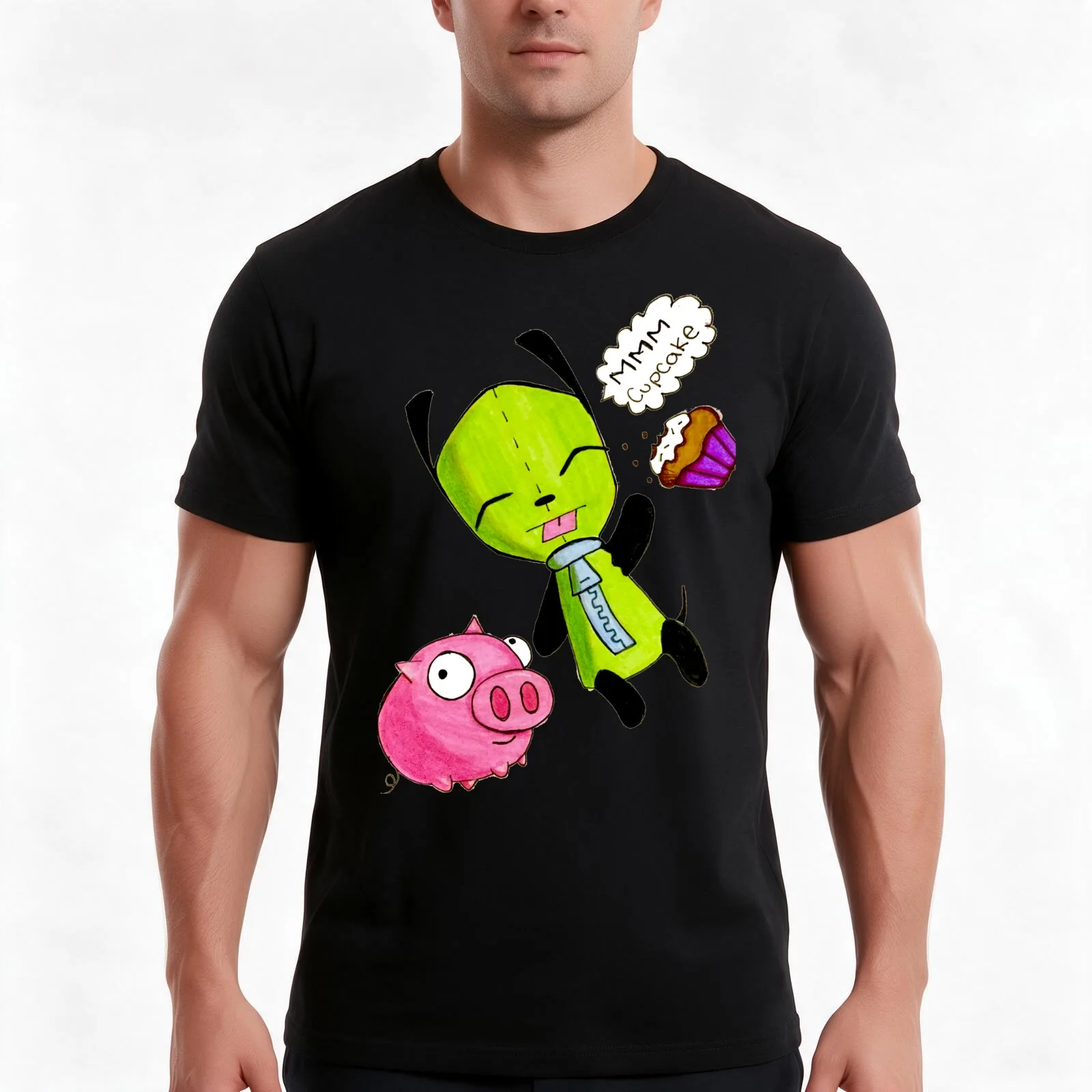 Gir with his pig and cupcake T-Shirt, Summer Casual Cotton Tee, Oversized Streetwear Tops, Vintage Graphic Print, 100% Cotton
