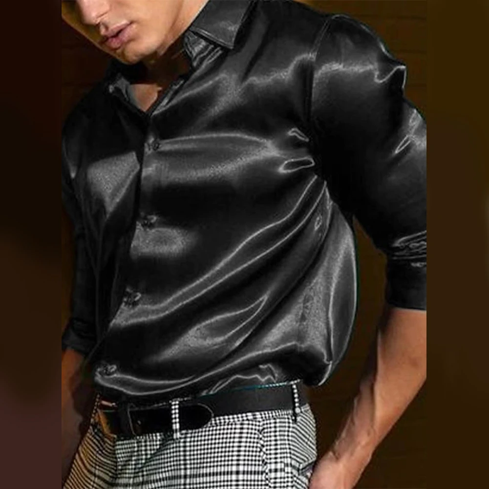 Fashion Autumn Satin Silk Solid Color Long Sleeve Single Breasted Shirt Wedding Party Business Shirts Camisas De Hombre For Men
