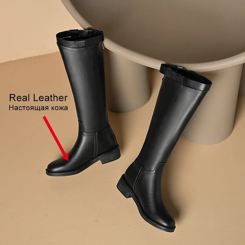 JOZHAMTA Size 34-43 Women Knee High Boots Genuine Leather Chunky Mid Heels Shoes Woman Winter 2023 Luxury Platform Long Boots