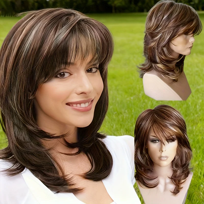 

Fashionable long wavy synthetic wig ladies, natural gradient from dark brown gold. Suitable daily wear special occasions parties