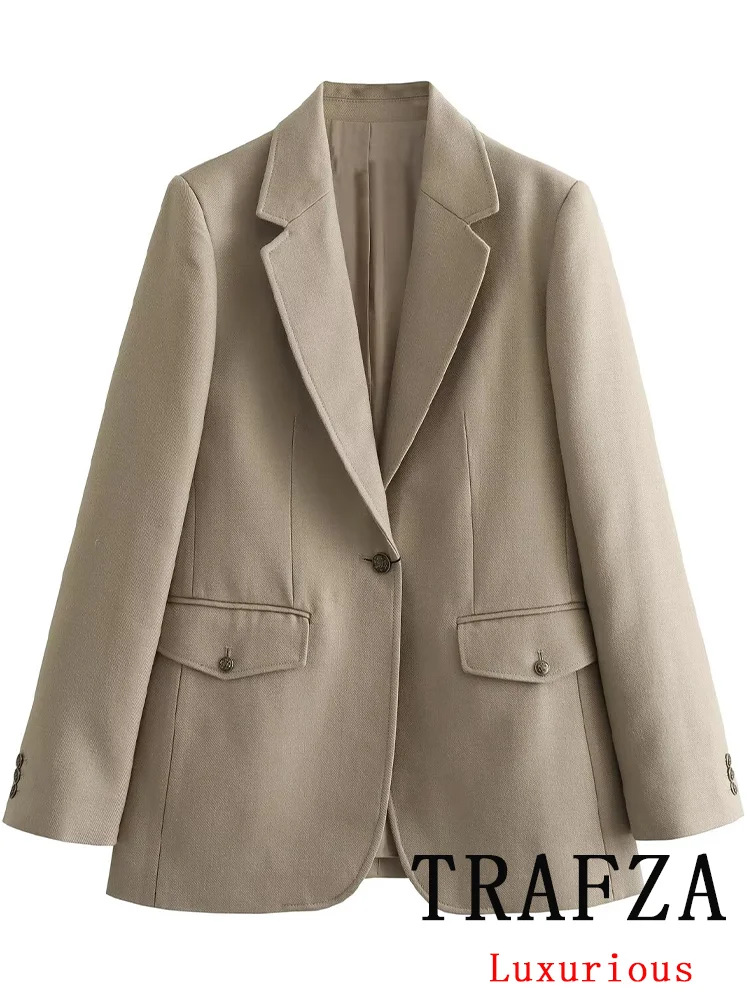 TRAFZA Vintage Casual donna Blazer solido monopetto scollo a V tasche a maniche lunghe Blazer New Fashion 2024 Office Lady Blazer