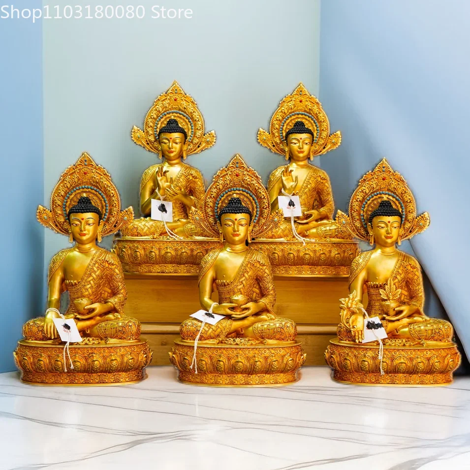 Copper gilding Five dhyani buddhas statue Nepal Tibet Amitabha Vairocana Amoghasiddhi Baosheng buddha Akshobhya,36cm,24cm