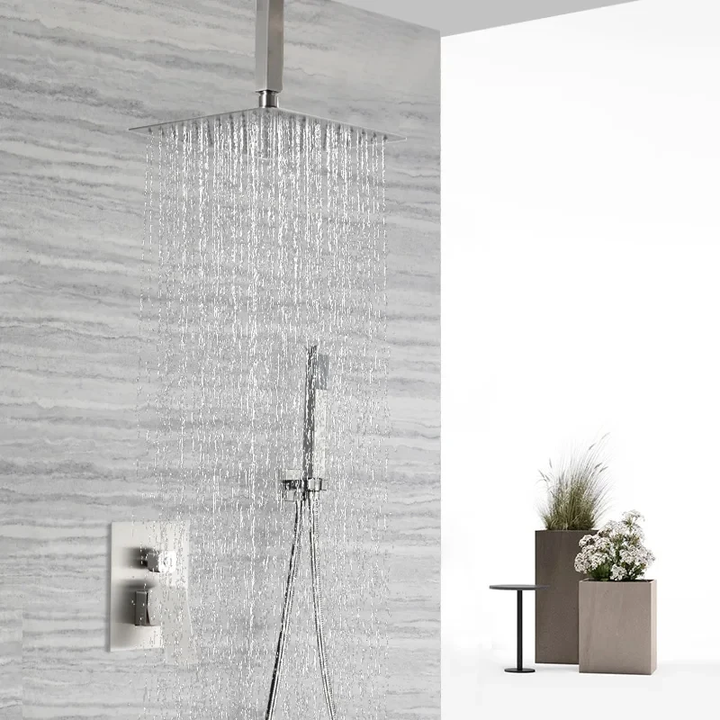 Rainfall Shower Sets Square Stainless Steel Concealed Shower Set Nickel Color Into Wall Two Functions Shower Faucet