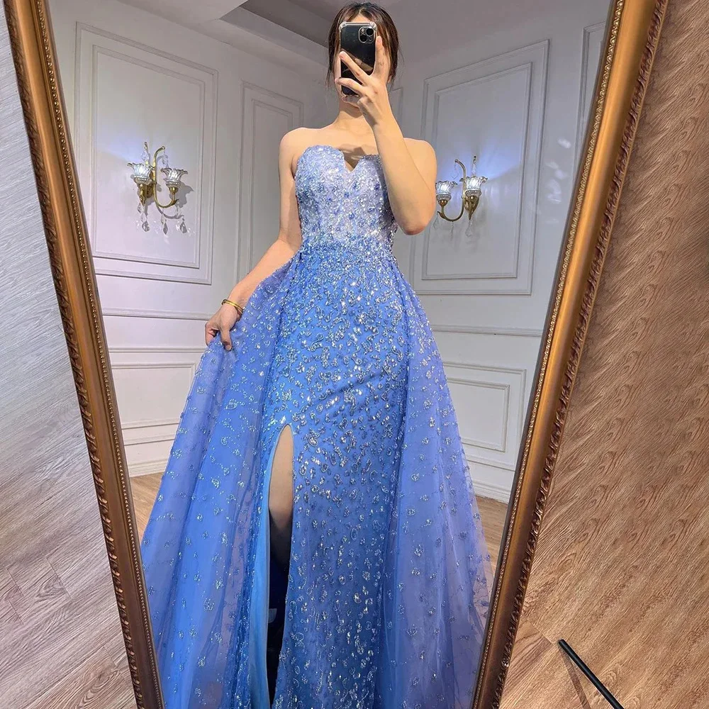 Blue Mermaid Tulle BeadsSexyOpen Back High Split, Exciting and Grand Occasion Concert Prom Dresses  Party Luxury Evening Dress C