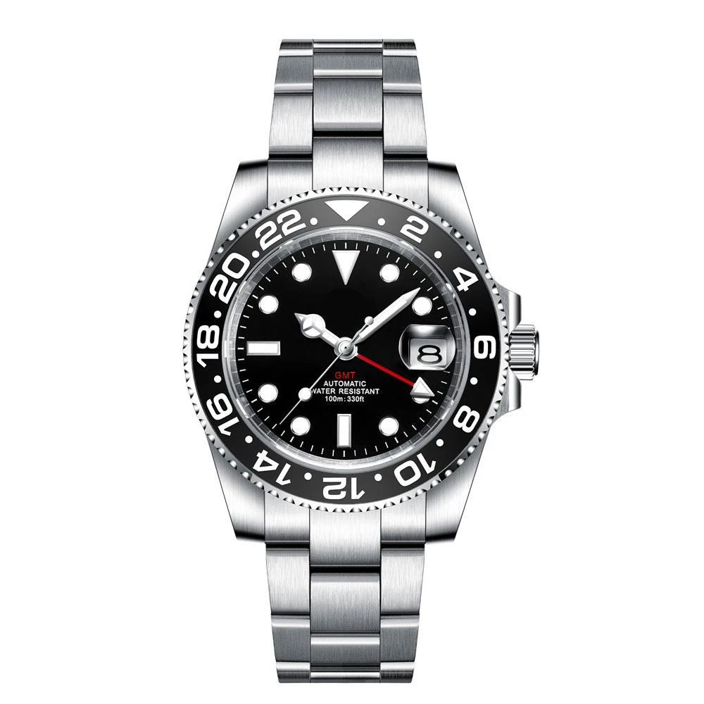 40mm NH34 GMT Orologi meccanici da uomo LOGO personalizzato 10ATM Lunetta in ceramica impermeabile Vetro zaffiro Orologio da uomo automatico da lavoro