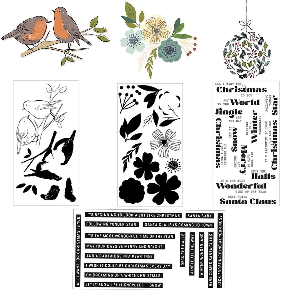 

Birds On Branches Blooming Flower Clear Stamp Christmas Sentiments Words Stamps For DIY Scrapbooking Paper Craft Card Making New