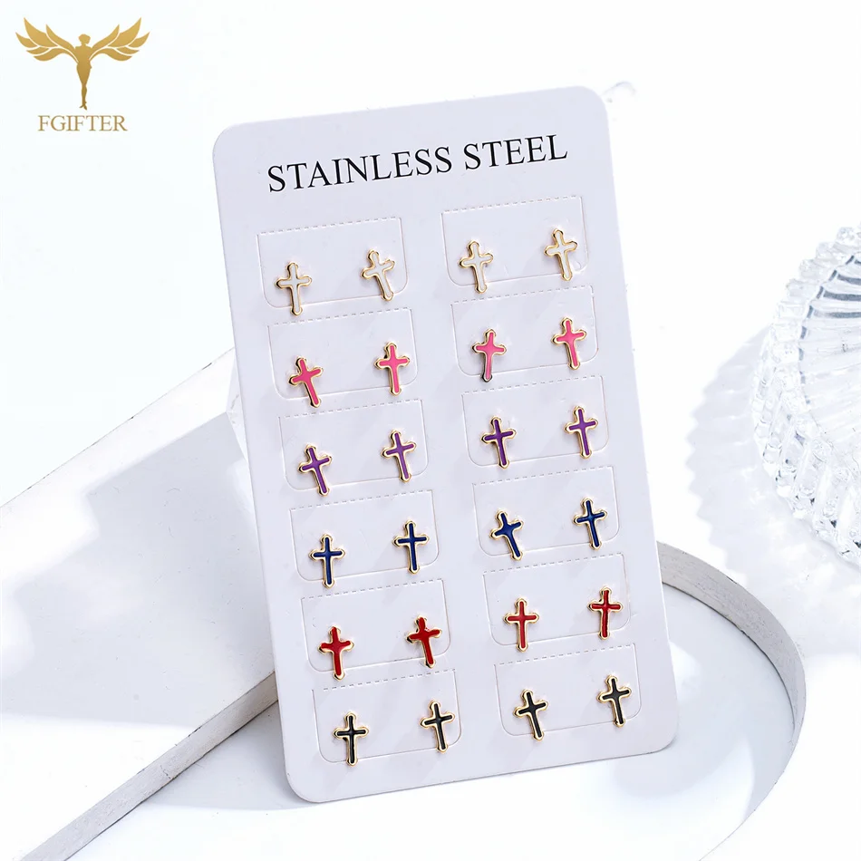 12 Pairs Mixed Colors Stainless Steel Cross Earrings Set Women Christianity Jewelry Golden Small Ear Stud Gifts pendientes acero