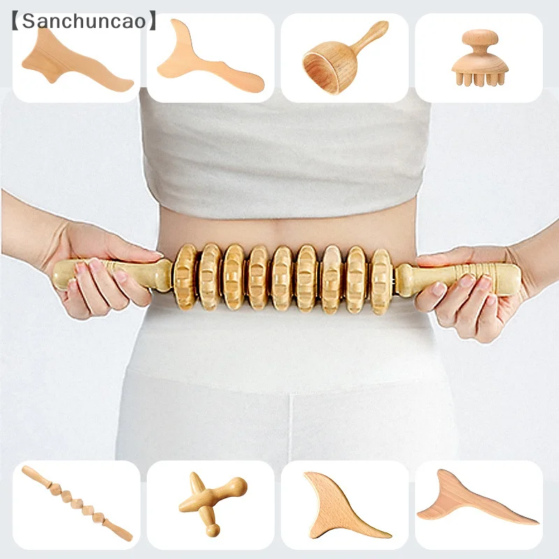 5/9/12 Wheels Wooden Roller Wood Massage Gear Drainage Body Shaping Trigger Stick To Reduce Fat Back Abdomen Leg Slimming Massag