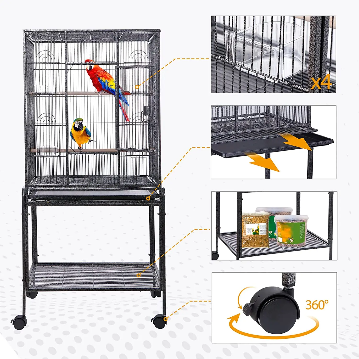 Wrought Iron Large Bird Flight Cage with Rolling Stand for African Grey Parrot Cockatiel Sun Parakeet Conure Lovebird Canary