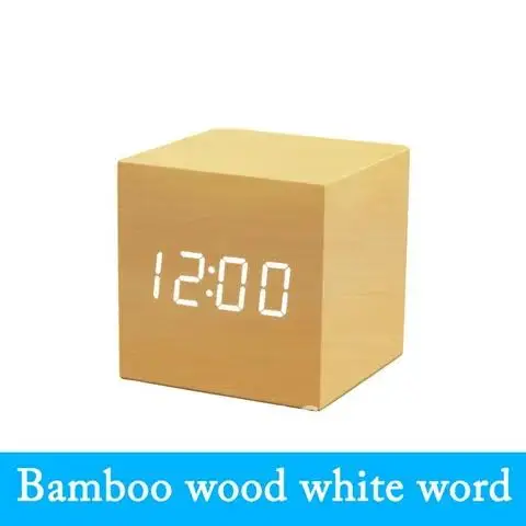 Wooden Small Square Digital LED Alarm Clock Retro Glow Clock Desktop Table Decor Voice Control Snooze Function Desk Tools