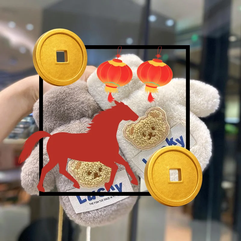 الشتاء الاطفال فروي شنقا الرقبة قفازات الطفل سميكة فو الفراء القفازات الكرتون لطيف الدب أفخم قفازات