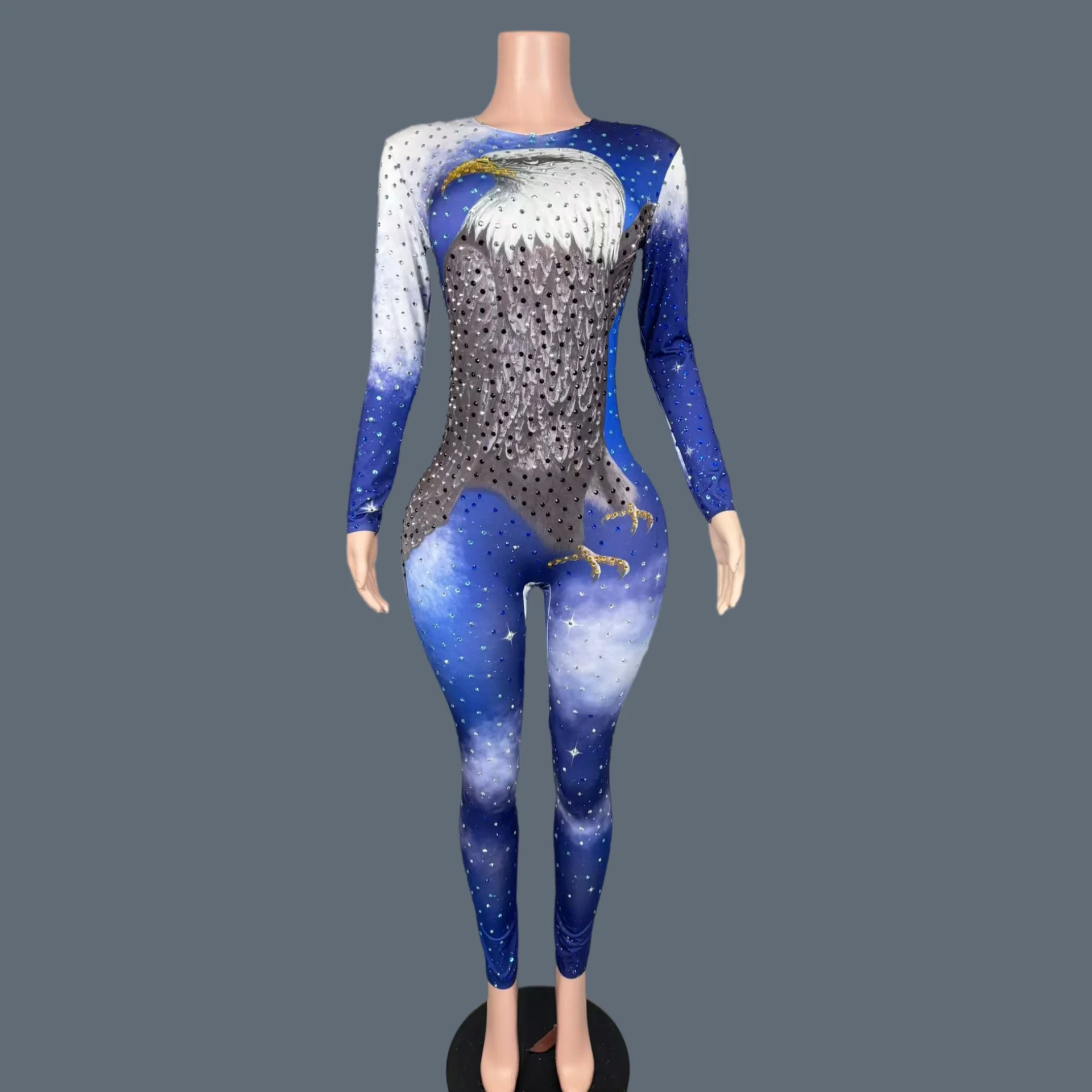 Spandex Elastic Eagle Printing Tight Fitting Jumpsuit Sexy Women Masquerade Party Drag Queen Performer Long Sleeves Wear Haidiao