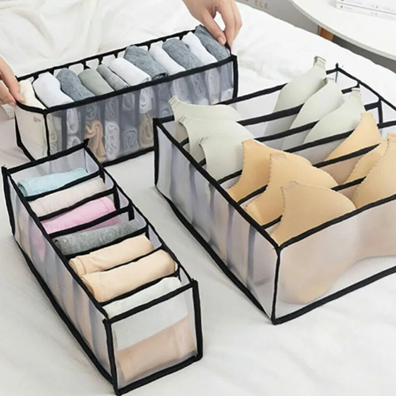 1/2/4PCS Foldable Wardrobe Divider Mesh Drawer Organizer Hard Frame Storage Box For Underwear Socks Bras Jeans Black