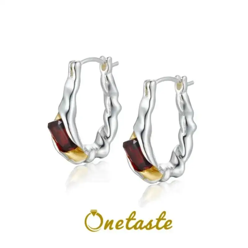 

Birthstone Natural Garnet 925 Sterling Silver Two Tone Plating Hoop Earrings For Women French Trendy Small Simple Earring Gift