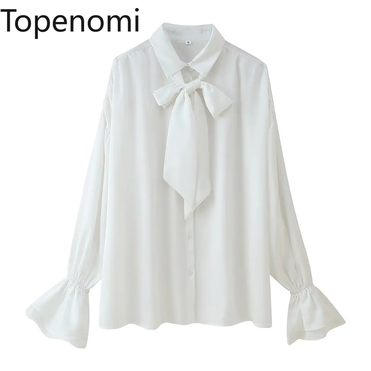 

Topenomi White Satin Flare Sleeve Shirt Women French Elegant Bow Tied Lapel Loose Lady Tops 2025 Fashion Versatile Office Blouse