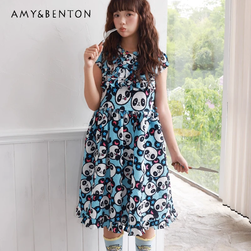 

Original Design Blue Animal Pattern Women's Dress 2025 Summer New Cute Sweet Y2k Age Reduction Loose Thin Short Dresses Ladies