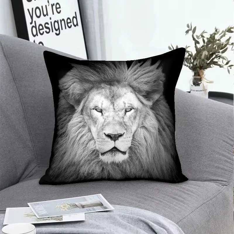 Double Sided Black White Lion Pillow Cover, Youthful Design for Multi-Scene Student Room Sofa and Boys' Decor