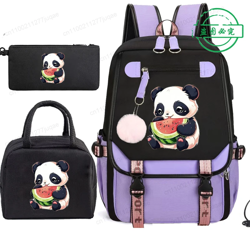 

Kawaii Panda Eating Watermelon Anime Backpack Lunch Bag Pencil Case Set Back To School Bag Fashion Student Schoolbag Suit Gift