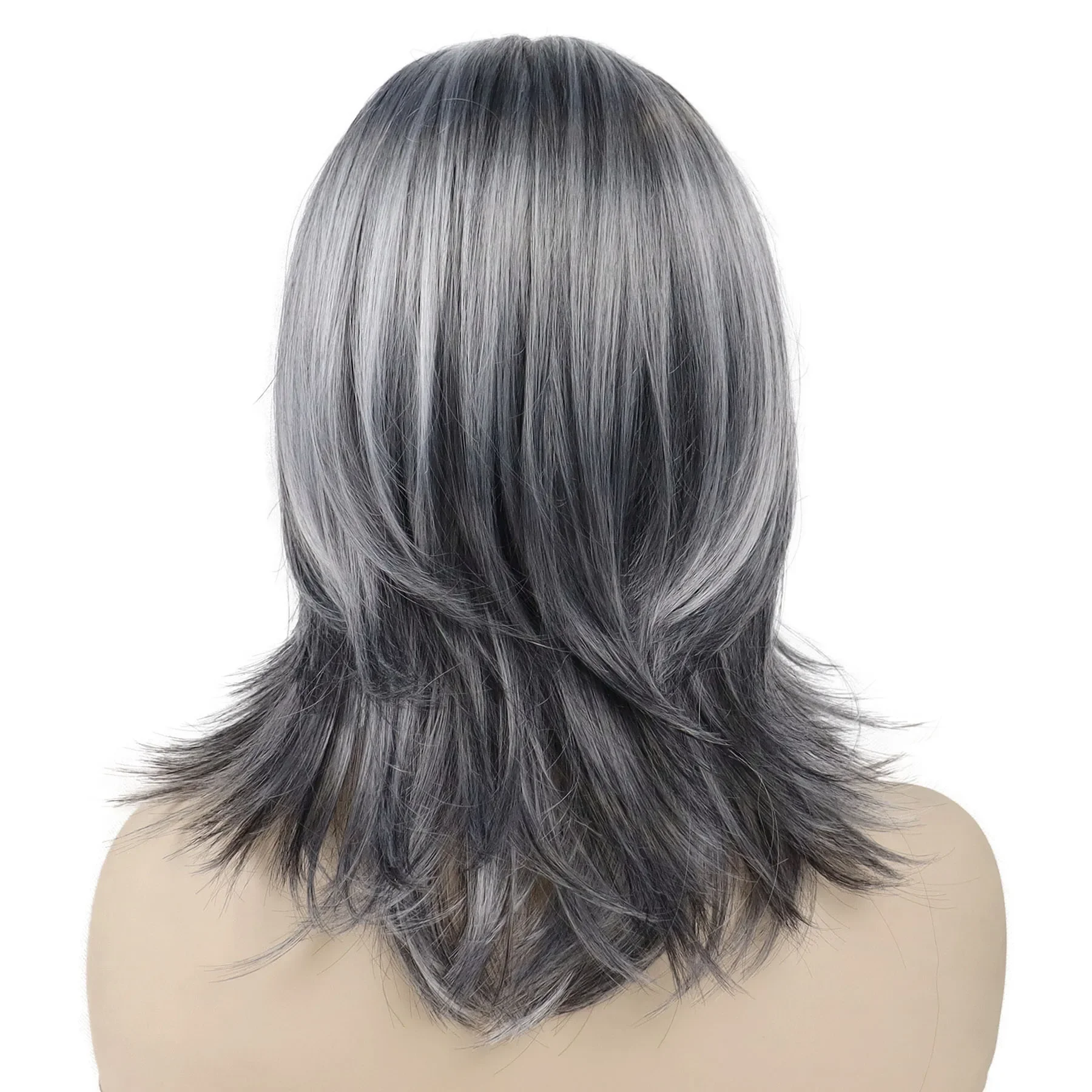 GNIMEGIL Synthetic Wigs for Women Long Hair Old Lady Wig Layered Hair with Curtain Bangs Mix Grey Color Natural Wigs for Daily