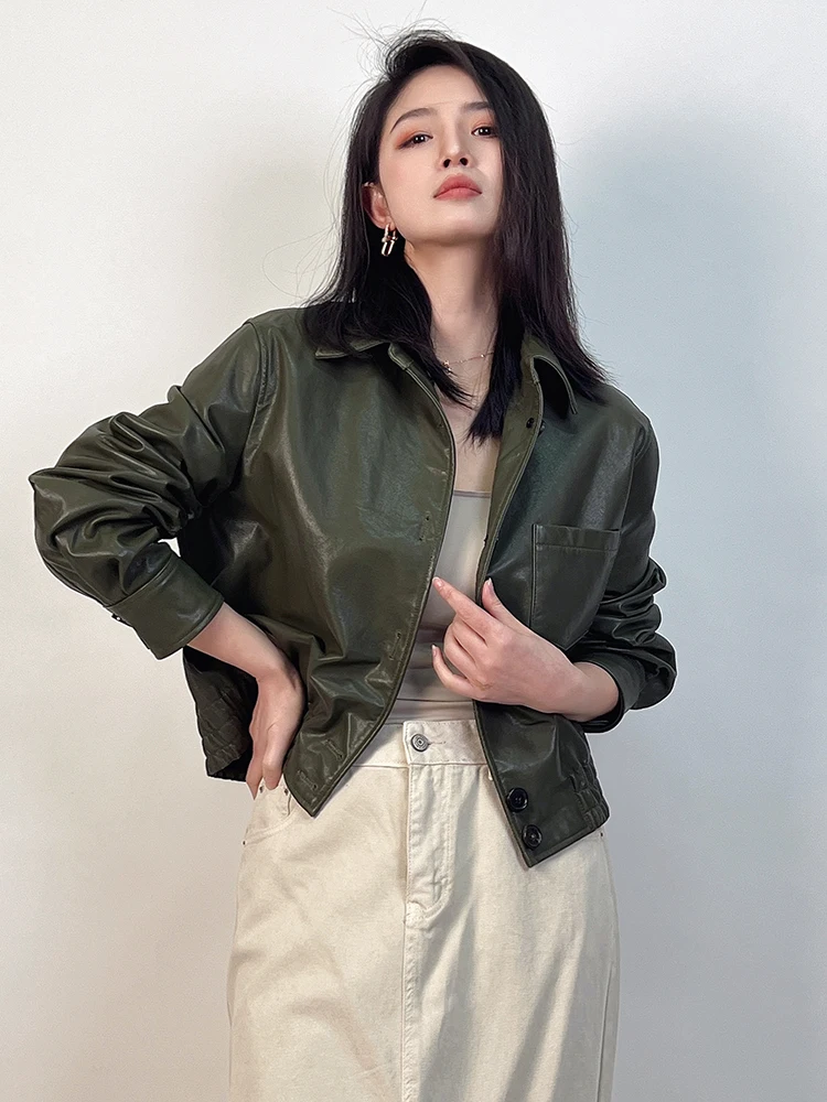 Vintage Genuine Leather Cropped Jackets for Women Spring Autumn High-end Simple Slim Single Breasted Soft Real Sheepskin Coat