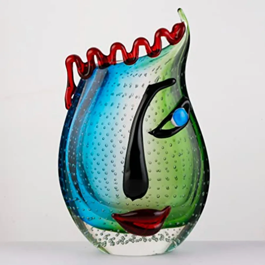 Hand Blown Art Glass Vase for home decor Murano-style glass multicolored unique face design and artisanal craftsmanship
