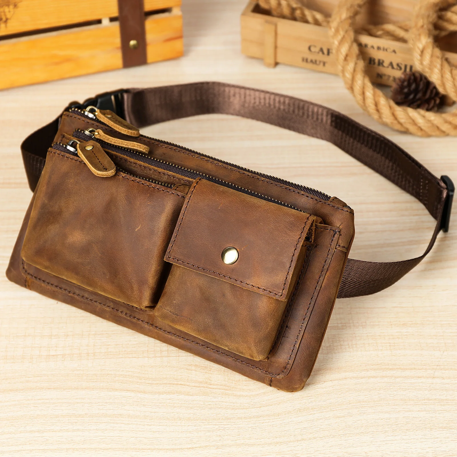 Imagem -06 - Bolsa de Cintura de Couro de Camada Superior para Homens Bolsa de Peito de Couro Real Casual Bolsas de Ginástica Portáteis Mensageiro Malote Masculino