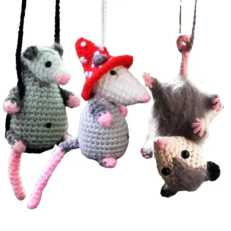 Adorable Opossum Ornament Handmade Knitted Rearview Mirror Possums Pendant Cute Possum Car Charm Pendant Car Interior Decoration