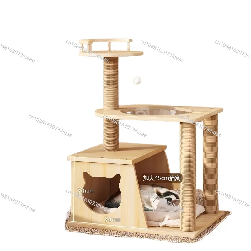 Marco grande de madera maciza para escalar gatos, tablero para rascar grande integrado para las cuatro estaciones, cielo, cápsula espacial, gato gordo