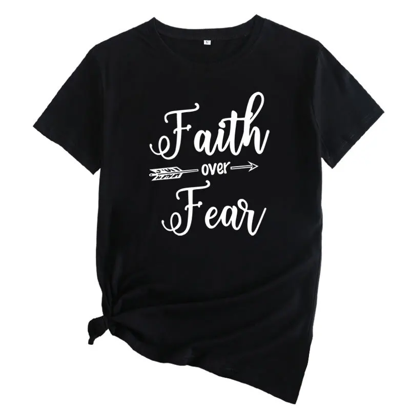 

Pure Cotton Summer Women's T-irt Knitted Thi Fabric Girl Tee Faith Fear Top Quali Chinese Made