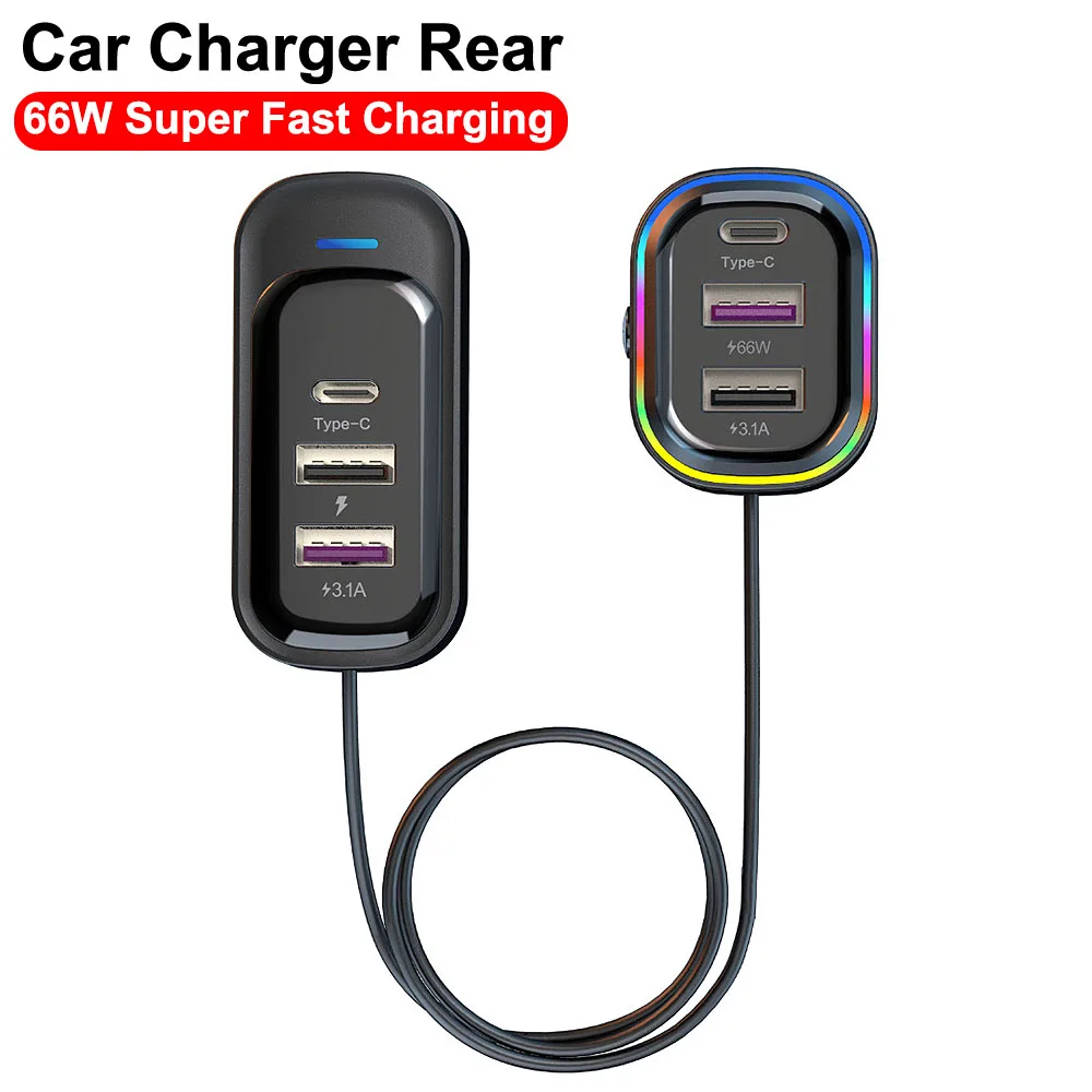 

Type-C Super Fast Charging Extension 66W Multifunctional Mobile Phone Charging PD QC3.0 Car Charger Rear USB Interface